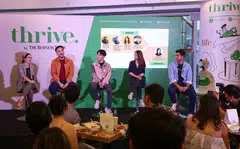 Thrive's launch features a panel discussion with (from left) The Business Times young audience editor Vivien Shiao; screenwriter and director of Ajooma He Shuming; Sam Neo, founder of People Mentality Inc, Stories of Asia and StoryBuddy; co-founder and chief executive officer of Calm Collective Asia Sabrina Ooi; and Apurv Suri, SC Ventures, Standard Chartered Bank.