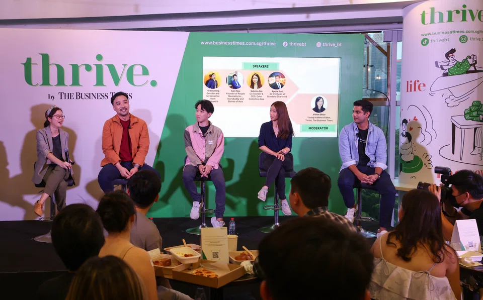 Thrive's launch features a panel discussion with (from left) The Business Times young audience editor Vivien Shiao; screenwriter and director of Ajooma He Shuming; Sam Neo, founder of People Mentality Inc, Stories of Asia and StoryBuddy; co-founder and chief executive officer of Calm Collective Asia Sabrina Ooi; and Apurv Suri, SC Ventures, Standard Chartered Bank.