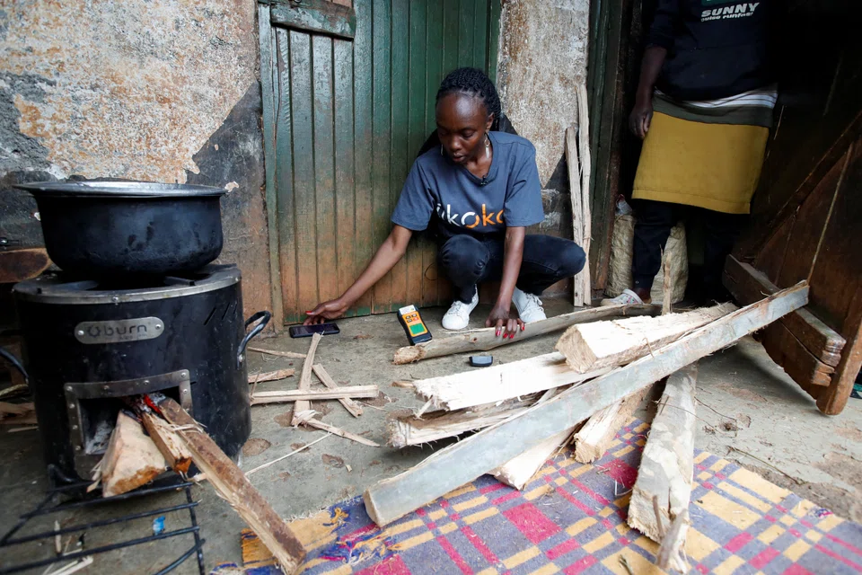 Burn company enumerator Teresia Wanjiru checking moisture on firewood at a client's house using clean cookstoves in Kachoroba village of Kiambu county, Kenya, on Aug 16, 2023.