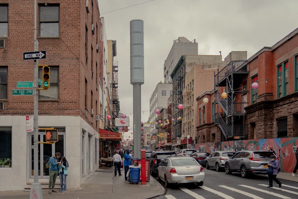 A new 5G tower on Mulberry Street in Manhattan’s Chinatown. New York City has an agreement with CityBridge, the team behind LinkNYC, that involves installing 2,000 5G towers over the next several years, an effort to help eliminate the city’s “internet deserts”. 