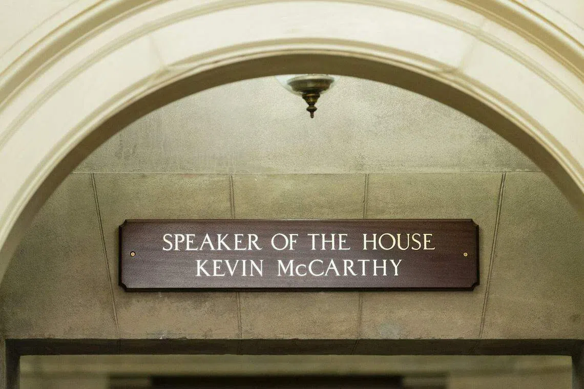 The plaque above the House Speaker's office at the US Capitol in Washington, DC, on Oct 4, 2023. Kevin McCarthy's ouster as US House speaker plunged Congress into an internal power struggle as it faces key deadlines on avoiding a government shutdown and approving aid for Ukraine.