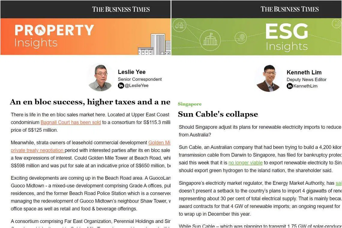 Two of BT’s newsletter offerings, Property Insights and ESG Insights, which offer content that isn’t available in our print and online editions.