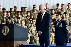 US President Joe Biden leads a moment of silence after his remarks on the 22nd anniversary of the terror attacks on the World Trade Center and the Pentagon in Joint Base Elmendorf/Richardson in Anchorage, Alaska, Sept 11, 2023. 