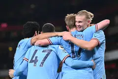 Manchester City's Erling Haaland (right) with his teammates after scoring the third goal in his team's 3-1 win over Arsenal in the EPL on Wednesday.