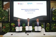 From left: NTU president Ho Teck Hua, NUS president Tan Eng Chye, and Temasek head of emerging technologies Russell Tham at the MOU signing ceremony. Temasek, NUS and NTU will provide startups with access to their networks of businesses and mentors.