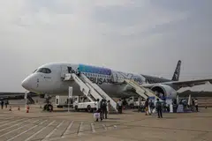 An Airbus A350 aircraft at the Wings India 2022 Air Show in Hyderabad, India. 
