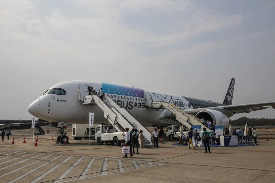 An Airbus A350 aircraft at the Wings India 2022 Air Show in Hyderabad, India. 