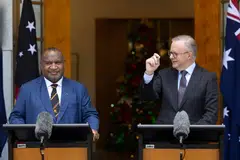 Australia’s Prime Minister Anthony Albanese (right) gestures as he speaks during a press conference with Papua New Guinea’s Prime Minister James Marape at Parliament House in Canberra, Australia. Dec 7, 2023.