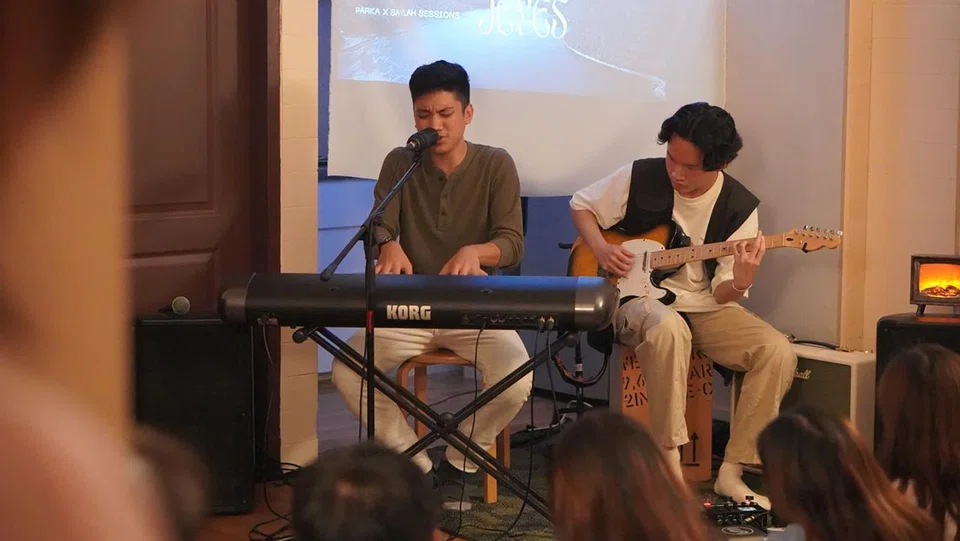 Parka artistes Leo Matias (left) and Nathan Tay at a performance in June 2023.