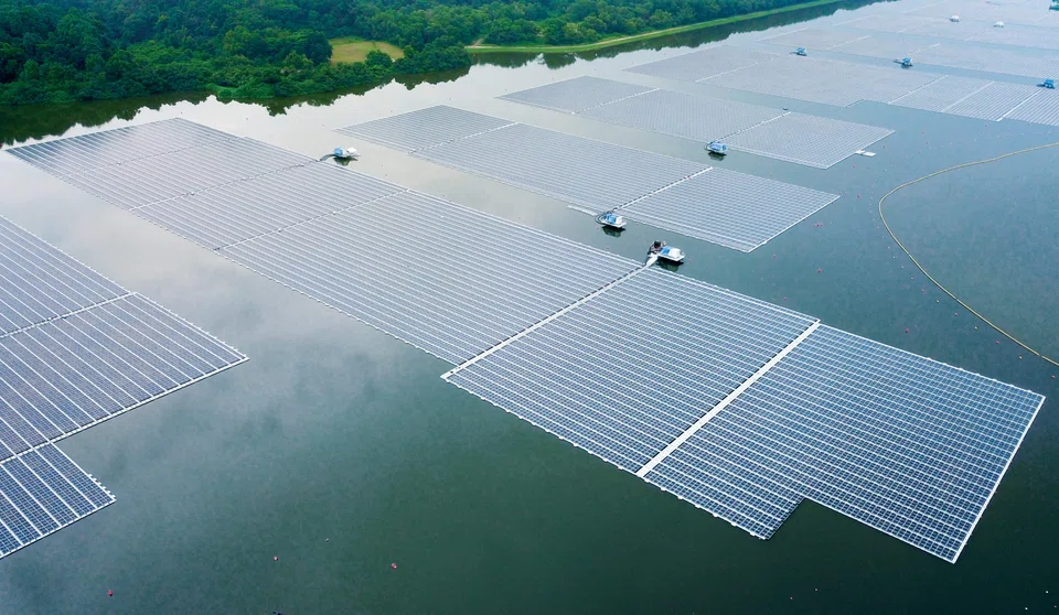 An aerial view of Sembcorp's floating solar farm at Tengeh reservoir in Singapore. To realise climate goals, efforts are needed across the entire energy system of Asean.