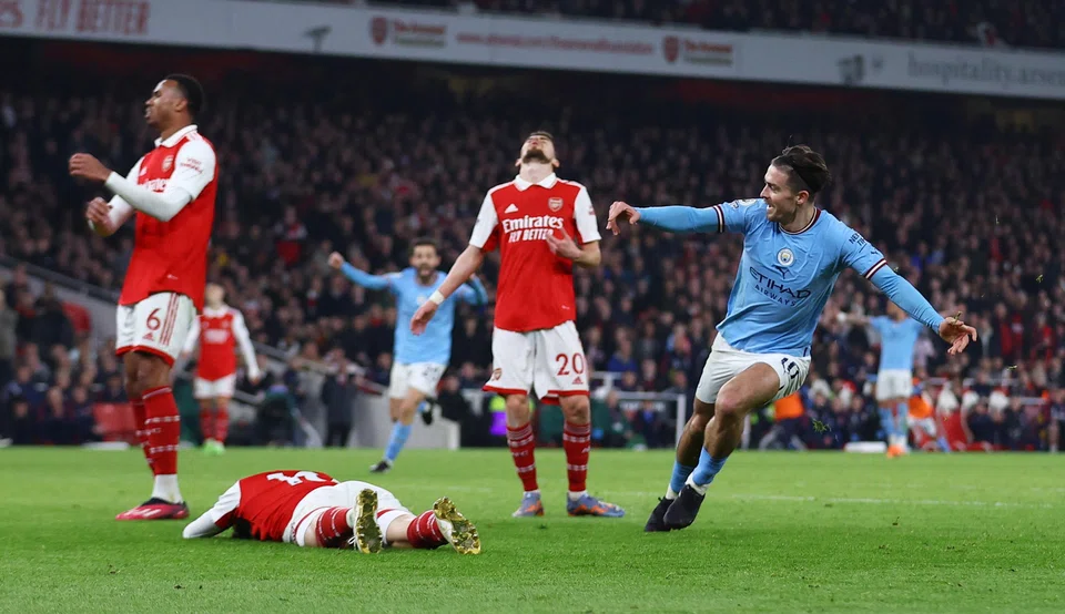 Manchester City's Jack Grealish celebrates after scoring his team's second goal in the Arsenal vs Manchester City match at Emirates Stadium, London, Britain, Feb 15, 2023.