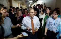 Jim Jordan (centre), a combative conservative who has led investigations of the Biden administration, is the first to publicly say he is interested in the job.
