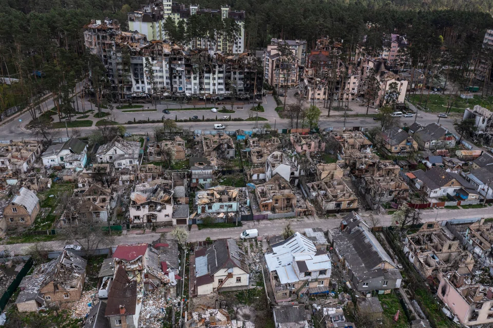 Residential buildings destroyed after weeks of fighting in Irpin, Ukraine, May 2, 2022. 