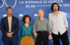 From left: US actor Patrick Dempsey, Italian actor Daniela Piperno, US filmmaker and director Michael Mann and US actor Adam Driver, at a photocall for the movie, 'Ferrari' at the 80th annual Venice International Film Festival, the world's longest running film festival. 