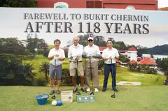 From left: Keppel Club chairman Tan Chong Meng, Minister for Defence Ng Eng Hen, Minister for Transport S Iswaran and Keppel Club secretary Eddy Ng at the official farewell golf game at Keppel Club on Jun 17. 