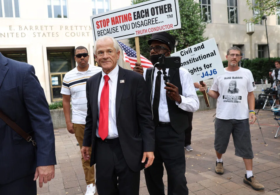 Peter Navarro, an advisor to former US President Donald Trump, leaves after being found guilty of contempt of Congress at the E. Barrett Prettyman Courthouse in Washington, DC, Sept 7, 2023 