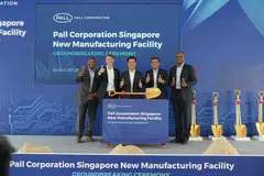 From left: Pall Corporation global operations vice-president Aaron Rivers, the Deputy Chief of Mission for the US Embassy Casey Mace, Minister of State for Trade and Industry Alvin Tan, Pall Corporation president Naresh Narasimhan and Pall Microelectronics vice-president Shangaza Dasent at the ground-breaking ceremony on Tuesday (Aug 30).  