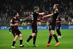 AC Milan midfielder Tommaso Pobega (right) celebrating after scoring in the 3-1 Champions League win over Dinamo Zagreb on Wednesday night. With him are defender Davide Calabria (left) and forward Alexis Saelemaekers.