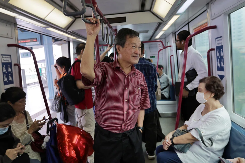 Presidential hopeful Tan Kin Lian taking the Sengkang LRT after a visit to Kopitiam Square food centre in Sengkang on Aug 14, 2023.
