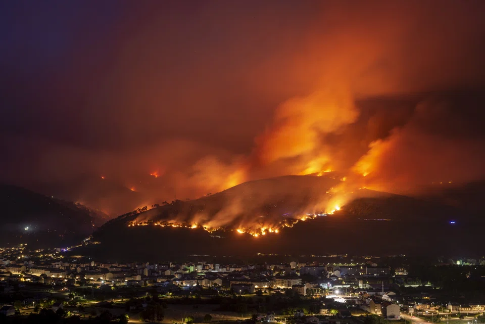 A smoke column emerges from a forest fire in O Barco de Valdeorras, Ourense, Galicia, north-western Spain, July 17, 2022. A total of 12 forest fires over 4,430 hectares were active in the region. 