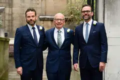 Australian-born media magnate Rupert Murdoch (centre) flanked by his sons Lachlan (left) and James (right) in a March 5, 2016 file photo. Murdoch will formally pass the baton to 52-year-old Lachlan - who is believed to share his father’s conservative leanings - at Fox Corp on Friday.