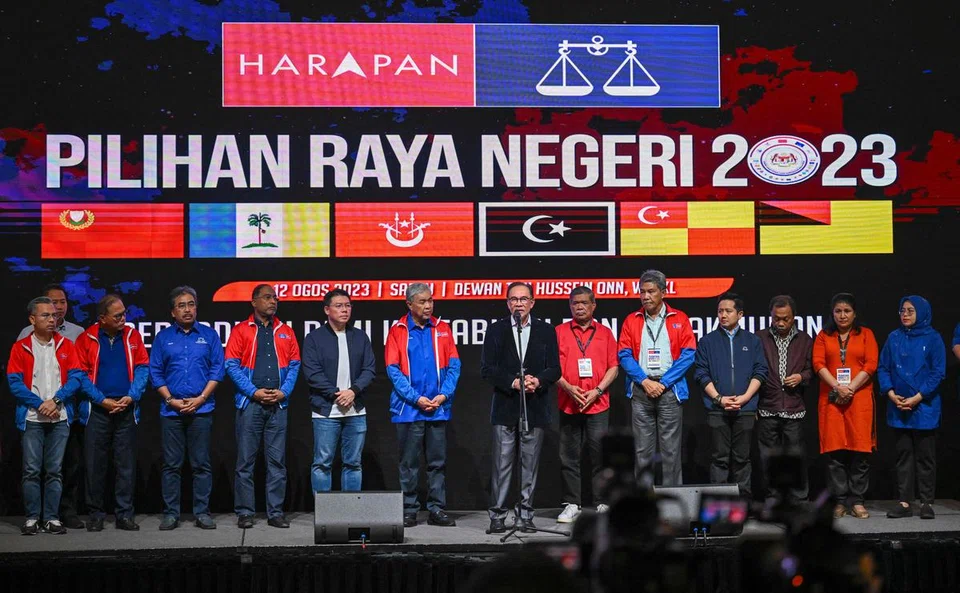 Malaysian PM Anwar Ibrahim speaking at a press conference in Kuala Lumpur after the release of the state election results on Aug 12.