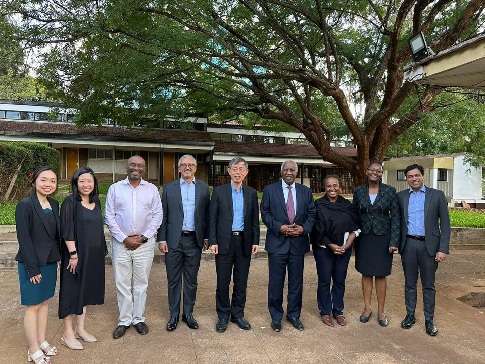 EnterpriseSG chairman Peter Ong (centre) led a delegation to Kenya in March 2023. Also present were EnterpriseSG’s executive director for South Asia, Middle East and Africa G Jayakrishnan (fourth from left) and founder of Kenya-based bank Equity Group Holdings Peter Munga (fourth from right).