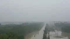 A flooded road in Zhuozhou, Hebei province, China, Aug 3, 2023.