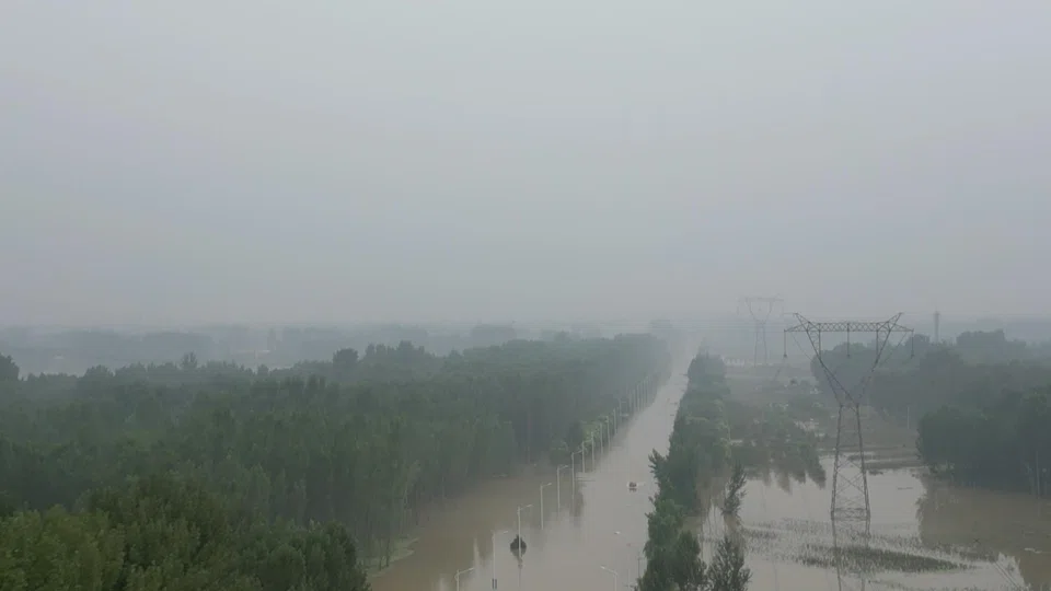 A flooded road in Zhuozhou, Hebei province, China, Aug 3, 2023.