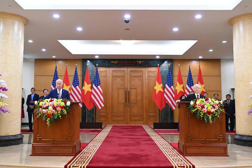 US President Joe Biden with Vietnam's Communist Party General Secretary Nguyen Phu Trong (right) after a meeting in Hanoi; Biden’s visit comes as bilateral trade and investment ties are growing and a long-simmering territorial dispute between Vietnam and China heats up in the South China Sea.