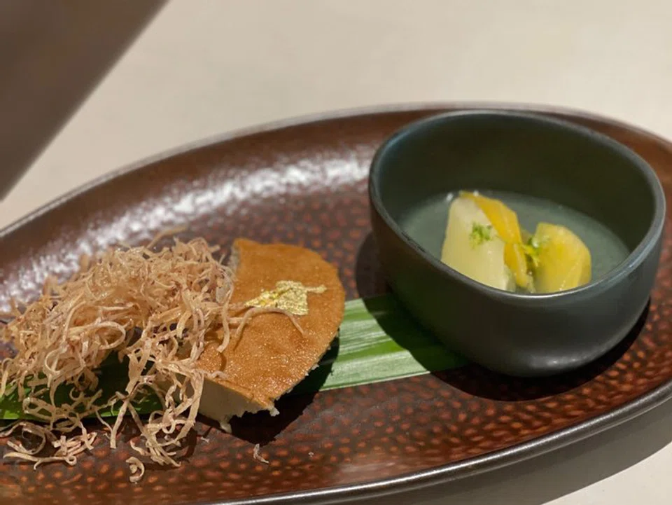 Starfruit and baked taro custard sprinkled with fried taro 'bird's nest' crispies.