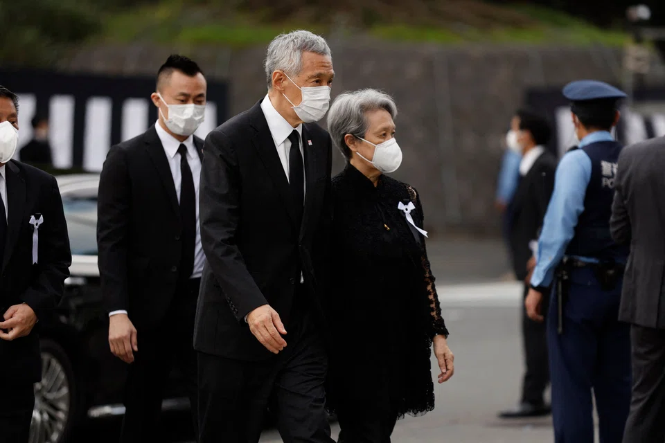 Singapore Prime Minister Lee Hsien Loong and his wife Ho Ching arriving to attend the state funeral of Japan's former prime minister Shinzo Abe at the Nippon Budokan in Tokyo.
