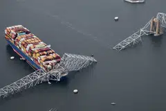 An aerial view of the cargo ship Dali that hit the Francis Scott Key Bridge in Baltimore, Maryland on March 26, 2024.