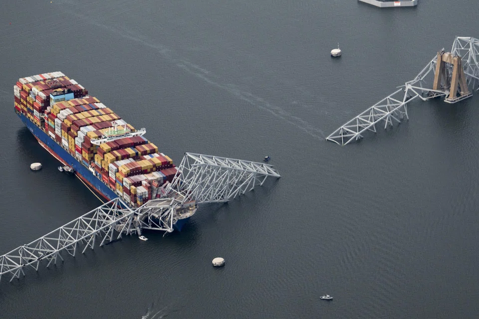 An aerial view of the cargo ship Dali that hit the Francis Scott Key Bridge in Baltimore, Maryland on March 26, 2024.
