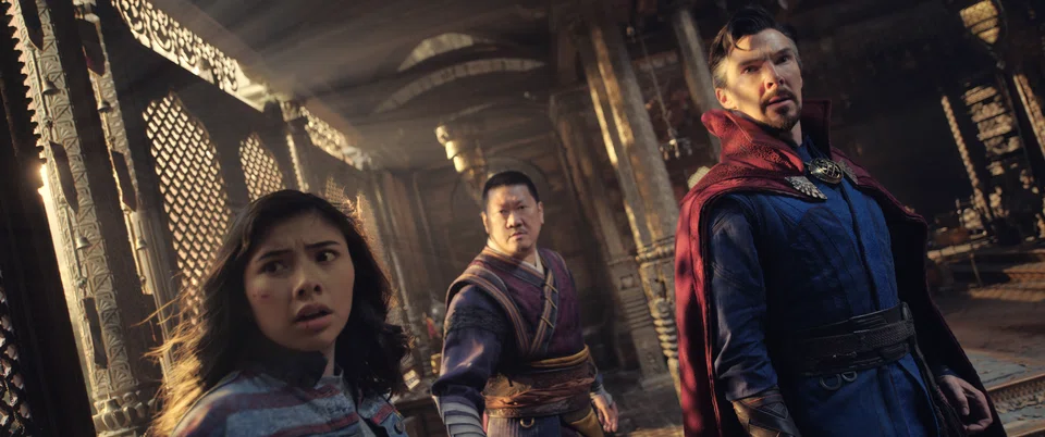 Doctor Strange In The Multiverse Of Madness starring (from left) Xochitl Gomez, Benedict Wong and Benedict Cumberbatch
