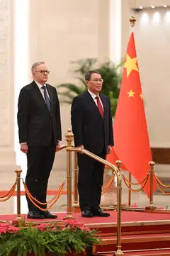 Australian Prime Minister Anthony Albanese at a Ceremonial Welcome with Chinese Premier Li Qiang at the Great Hall of the People in Beijing.