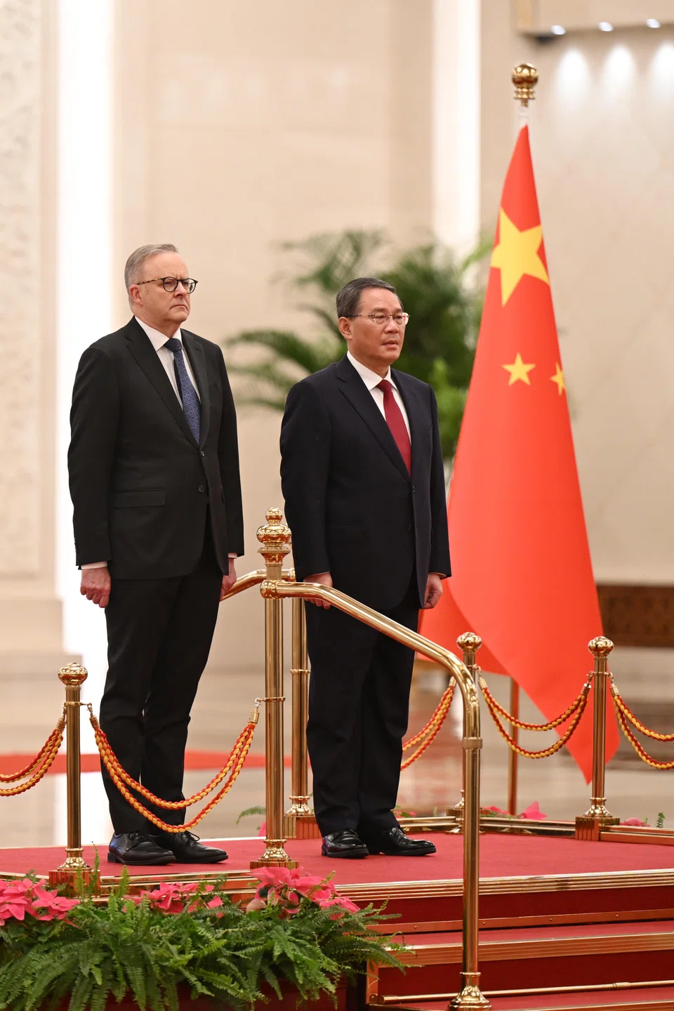 Australian Prime Minister Anthony Albanese at a Ceremonial Welcome with Chinese Premier Li Qiang at the Great Hall of the People in Beijing.
