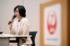 Incoming Japan Airlines president Mitsuko Tottori, seen here at a news conference in Tokyo on Wednesday,  says: “I have been focusing on safe flight operations as a cabin attendant and will work to keep this in mind from now as well. I am proud of the crew.” 