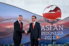 Indonesian President Joko Widodo (right) welcoming Singapore Prime Minister Lee Hsien Loong to the 42nd Asean Summit in Labuan Bajo, Indonesia.
