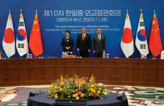 (From left) Japanese Foreign Minister Yoko Kamikawa, South Korean Foreign Minister Park Jin, and Chinese Foreign Minister Wang Yi at the 10th trilateral foreign ministers' meeting in Busan on Nov 26. 