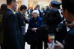 US Secretary of the Treasury Janet Yellen walks to a meeting between G20 finance ministers and central bank governors at the 2022 IMF/World Bank annual meeting in Washington, DC on Oct 13, 2022, 