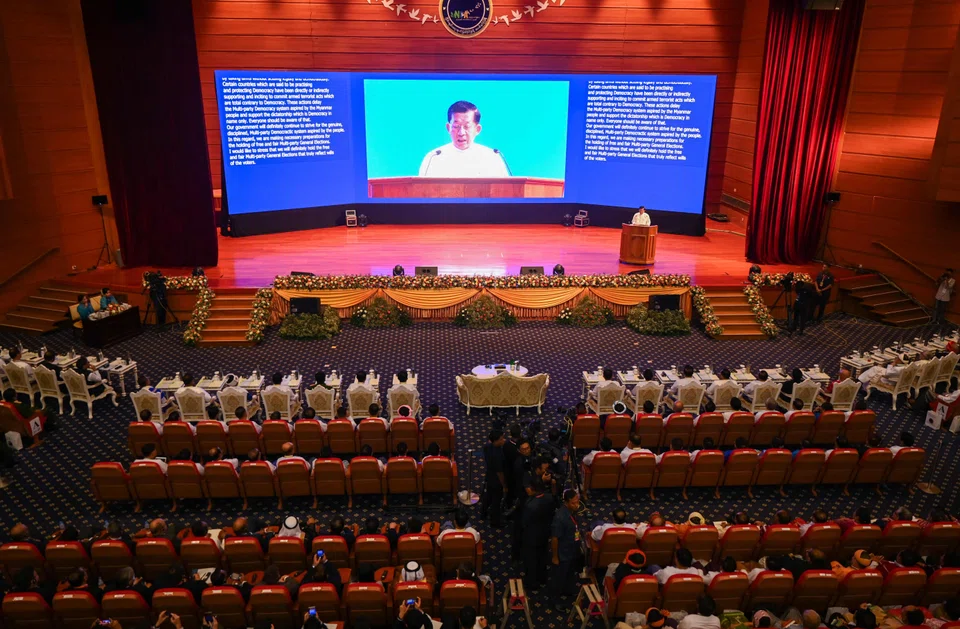 Myanmar's junta chief Min Aung Hlaing delivers a speech during a ceremony to mark the 8th anniversary of the Nationwide Ceasefire Agreement (NCA) in Naypyitaw on Oct 15.