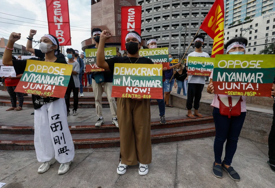Protesters hold a rally to denounce the execution of Myanmar pro-democracy leaders, at a public plaza in Quezon City, Metro Manila, Philippines, July 29, 2022. 
