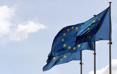 The European Union flags flutter ahead of the gas talks between the EU, Russia and Ukraine at the EU Commission headquarters in Brussels, Belgium.