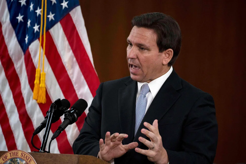 Florida Governor Ron DeSantis answers questions from the media following his State of the State address during a joint session of the Senate and House of Representatives, March 7, 2023, at the Capitol in Tallahassee, Florida. 