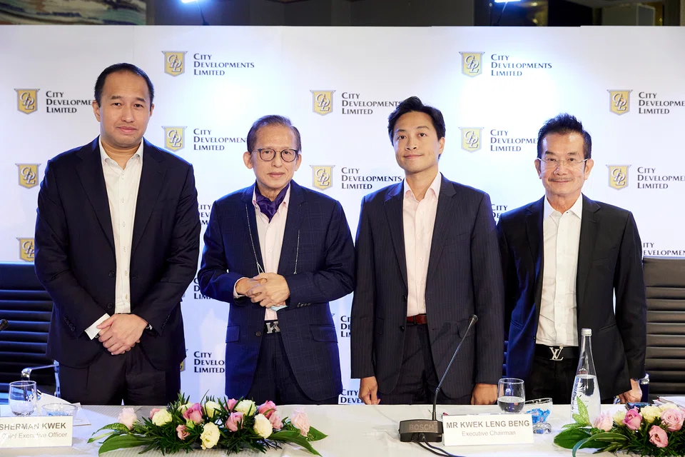 Sherman Kwek (extreme left) credits his father, Leng Beng (next to him) for the group's big latent land bank in its hospitality portfolio. On the other side of the senior Kwek is his nephew Eik Sheng, who is the group chief operating officer. At extreme right is the group general manager Chia Ngiang Hong.