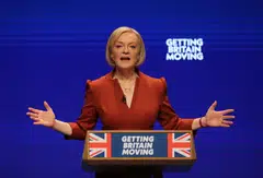 British Prime Minister Liz Truss delivers her keynote speech at the Conservative Party Conference in Birmingham, Britain, Oct 5, 2022. 
