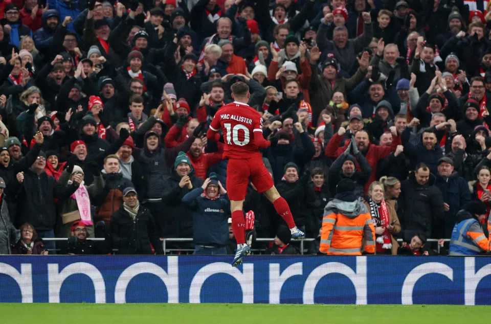 Alexis Mac Allister celebrating after scoring Liverpool's second goal against Fulham in their EPL match on Dec 3. The 25-year-old Argentine has played a key role in his club's resurgence this season.
