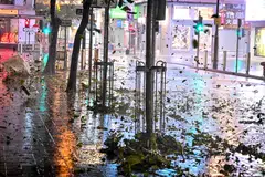 Debries caused by high winds brought by Super Typhoon Saola fly on a street in Causeway Bay in Hong Kong.