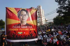 Protesters taking part in a demonstration against the military coup in Feb 2021. Kyaw Zaw, a spokesperson for Myanmar’s shadow administration, known as the National Unity Government, says the junta never keeps its promises.